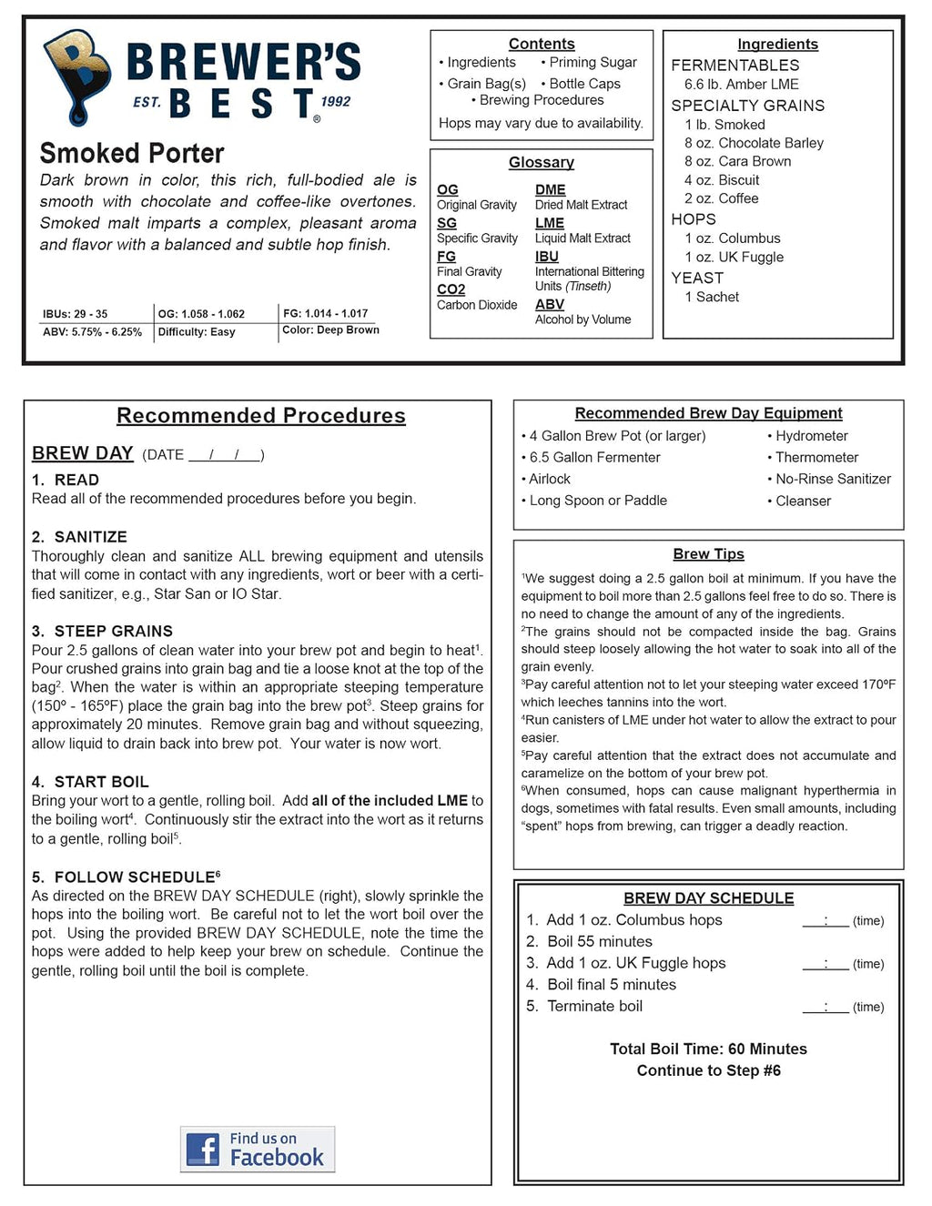 1033 - Home Brew Beer Ingredient Kit (5 gallon), (Smoked Porter) Brown