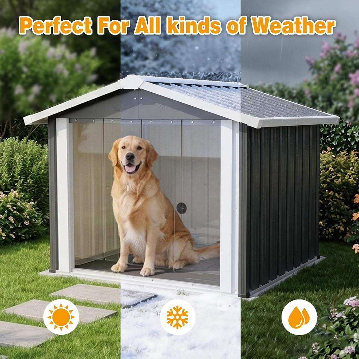 Metal Dog House for Large Dogs, Durable Waterproof Dog Kennel with Steel Frame, Removable Floor, Easy to