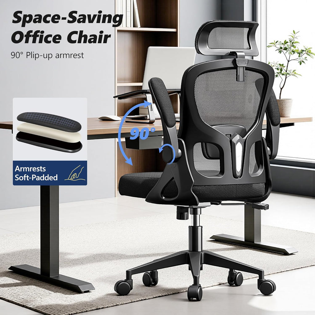 Ergonomic Office Chair, High Back Desk Chair with Flip-up Arms, 300 LBS Mesh Computer Chair with Adjustable Headrest