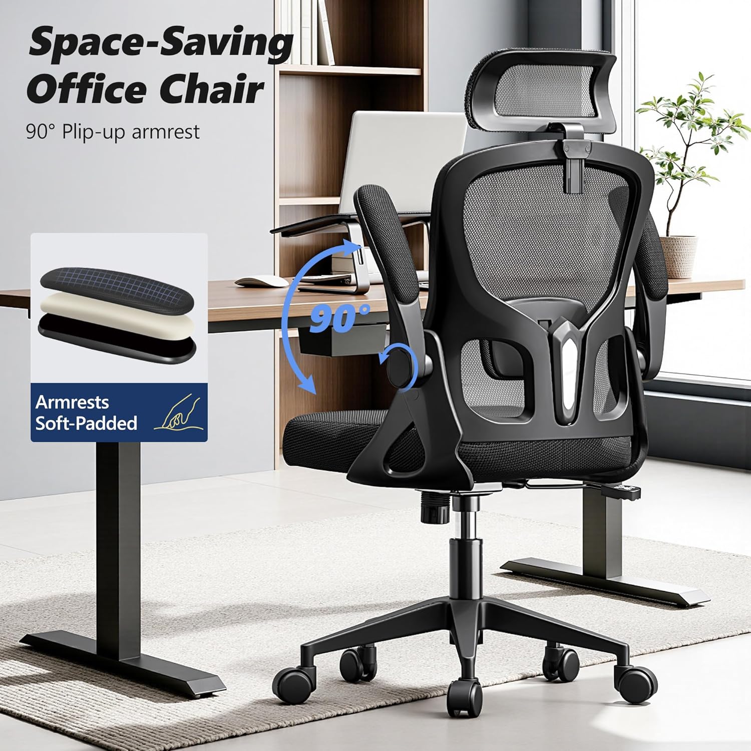 Ergonomic Office Chair, High Back Desk Chair with Flip-up Arms, 300 LBS Mesh Computer Chair with Adjustable Headrest