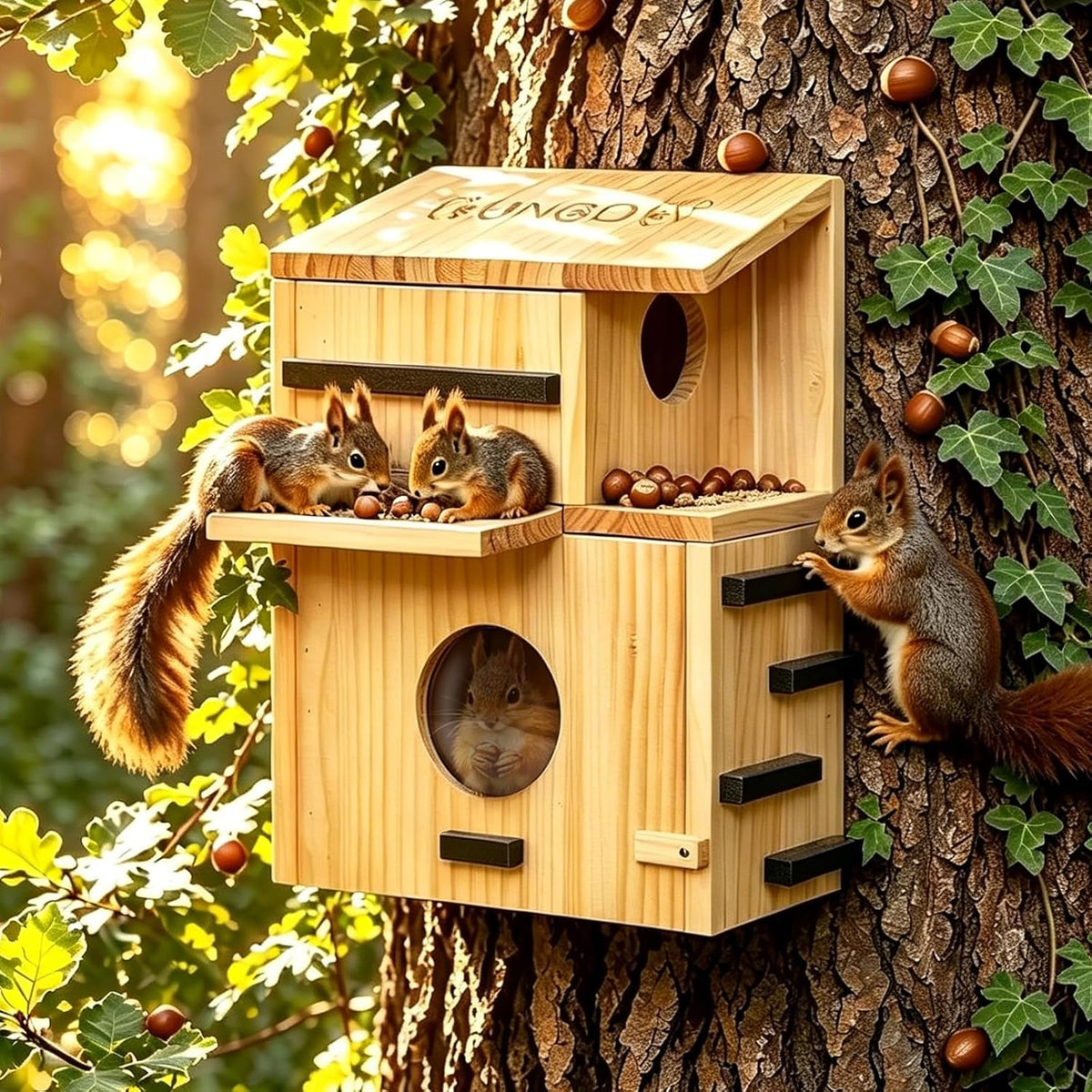 Large Wooden Squirrel House for Outside with Window Dual Balconies
