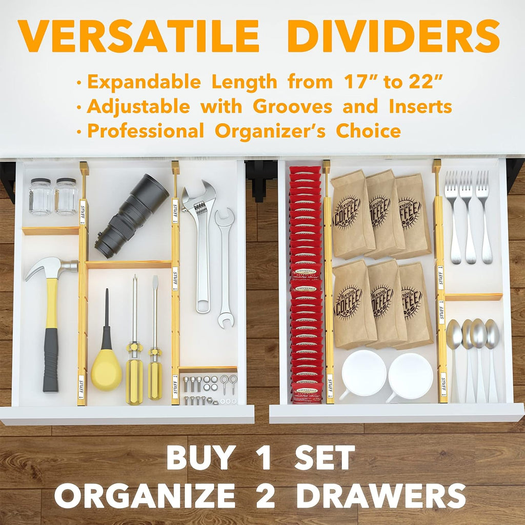 Bamboo Drawer Dividers with Inserts and Labels, Kitchen Adjustable Drawer Organizers, Expandable Organization for