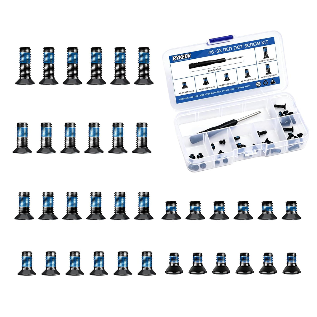 #6-32 Red Dot Screw Kit, 6 Sizes for Optics, MOS Plates & Mounts