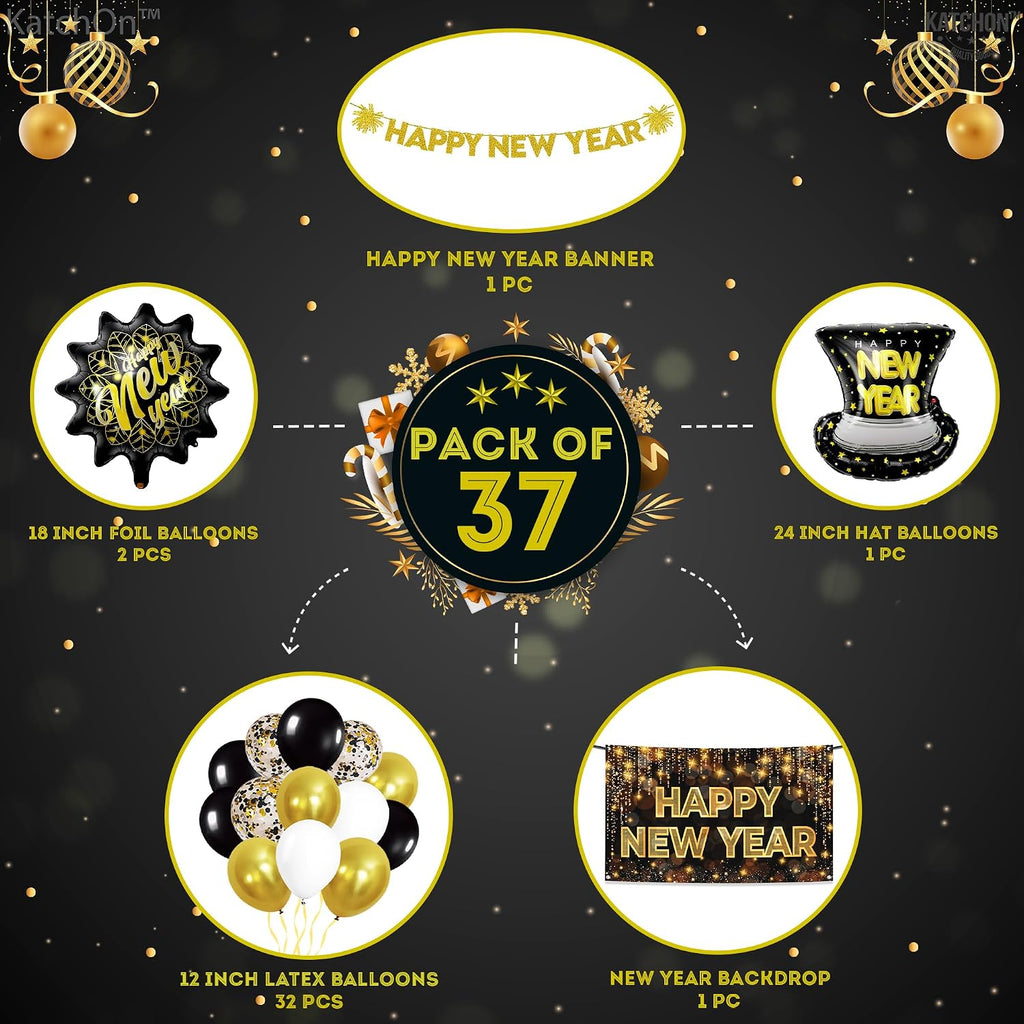 New Years Eve Party Supplies 2026, Pack of 37 | Happy New Year Banner, New Years Balloons for Black and Gold Happy