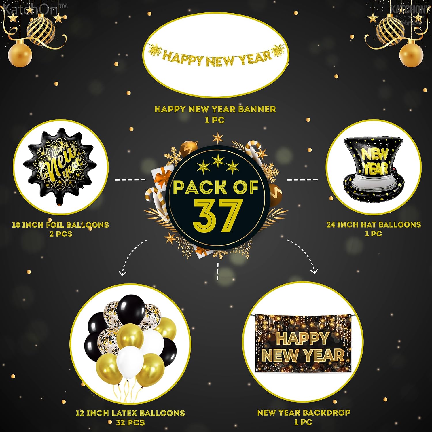 New Years Eve Party Supplies 2026, Pack of 37 | Happy New Year Banner, New Years Balloons for Black and Gold Happy