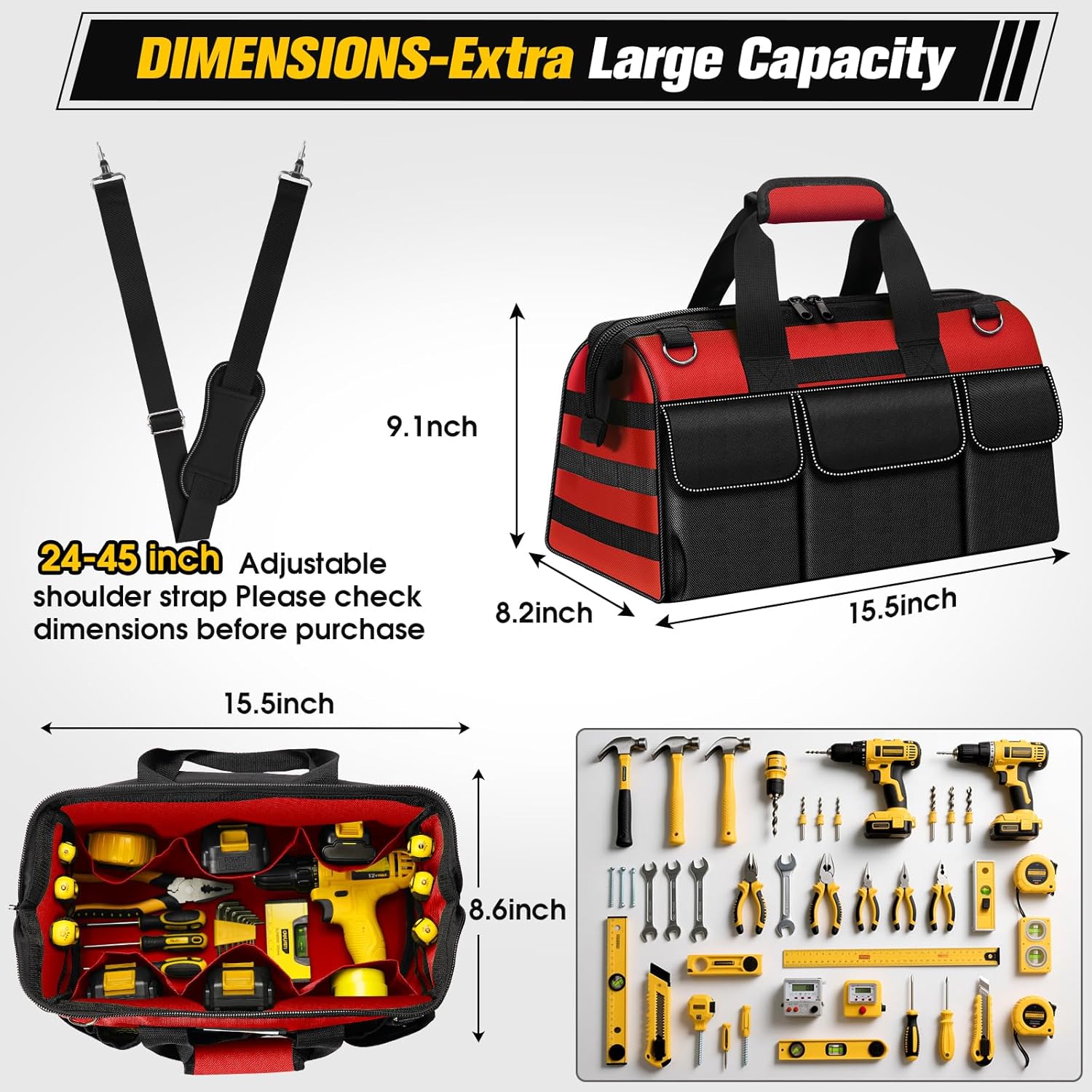 16-Inch Heavy Duty Tool Bag, 19-Pockets Tool Box Organizer, Portable Toolbag W/Soft Handle for Organized Storage