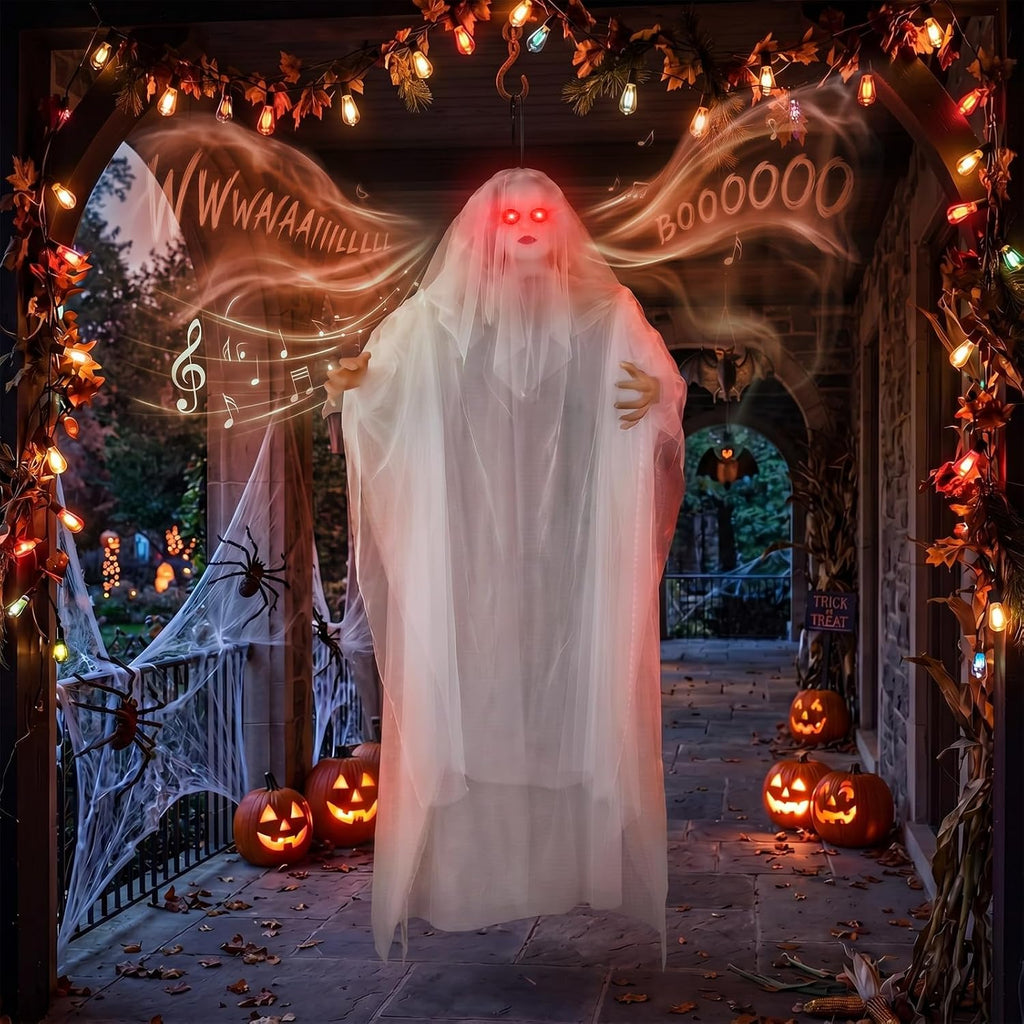 Halloween Ghost Bride Decoration Ghost Bride Halloween Prop with Colorful LED Lights Sound Effects 66 Inch Hanging