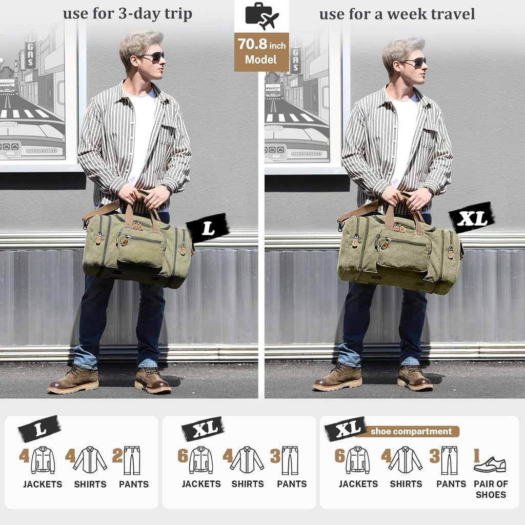 Canvas Duffle Bag for Travel 60L Duffel Overnight Weekender Bag (Army Green)