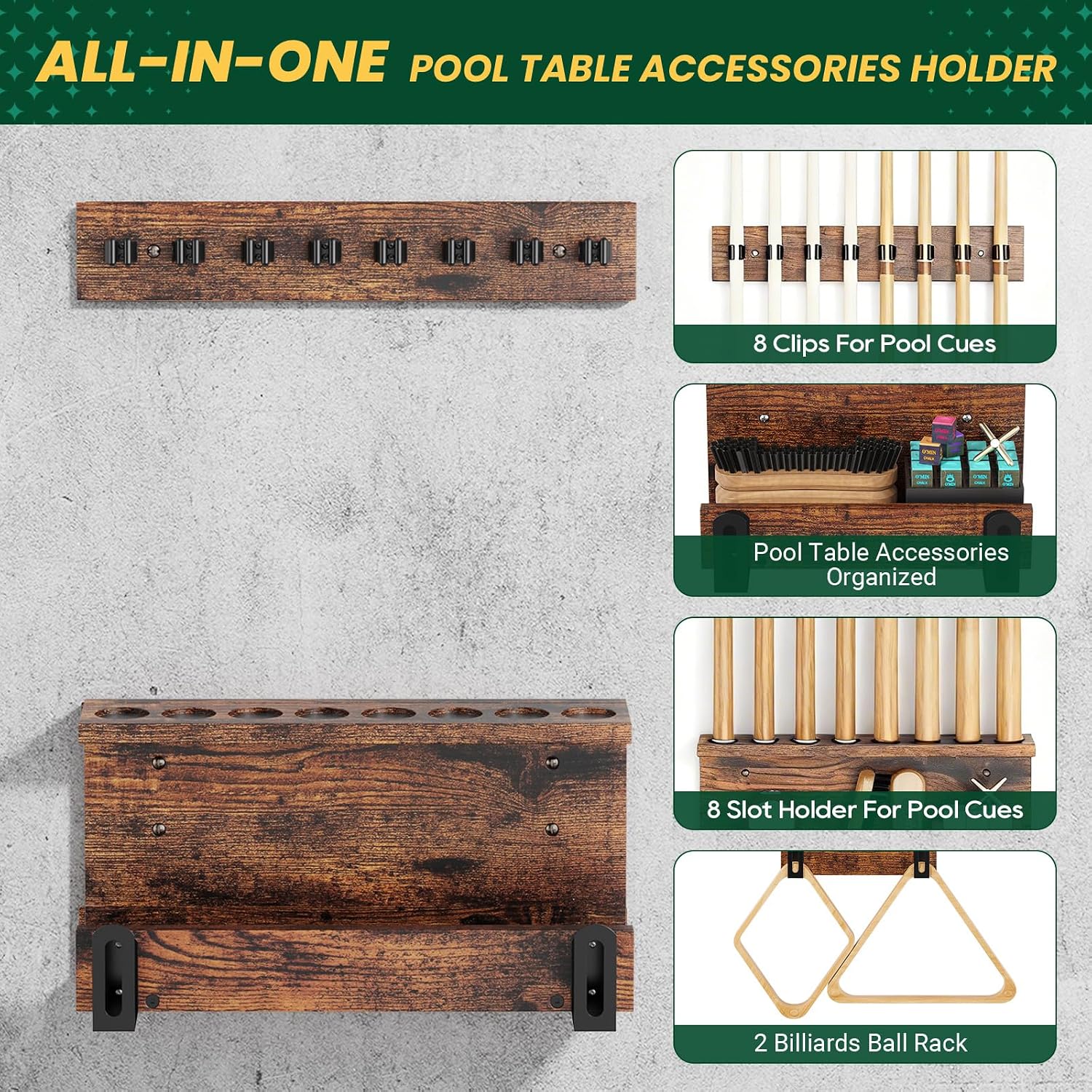 Wall Mount Pool Cue Holder – Hardwood Billiards Cue Rack for 8 Sticks, Pool Stick Wall Mount Storage Organizer, Pool