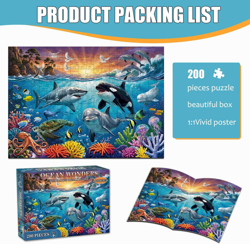 Puzzles for Kids Ages 6-8 8-10 Year Old, 200 Pieces Jigsaw Puzzles for Kids-Ocean Underwater World， Learning