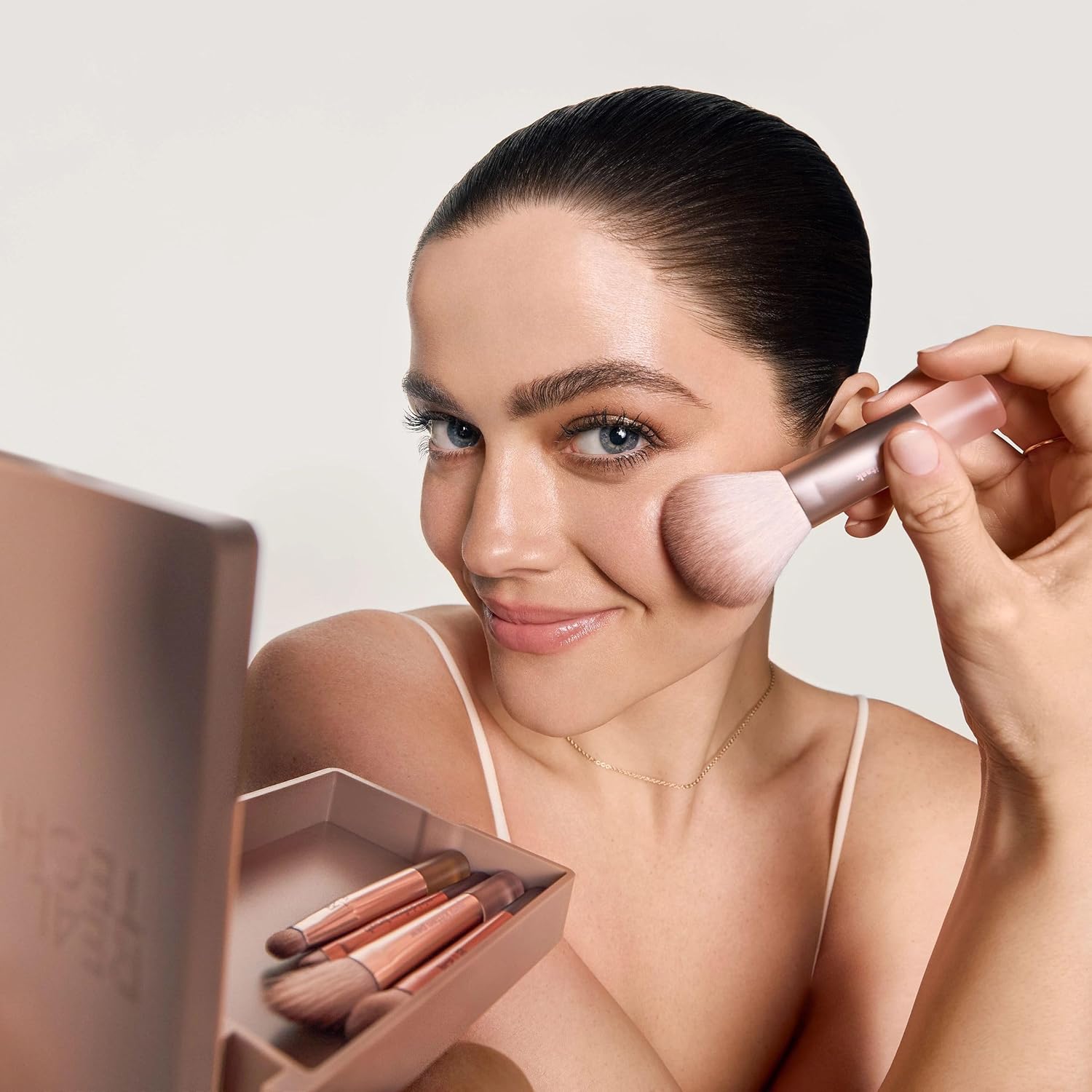 New Nudes On The Glow Mini Brush Kit, 6 Piece Set With Compact Mirror, Travel Makeup Brush Set for Contour