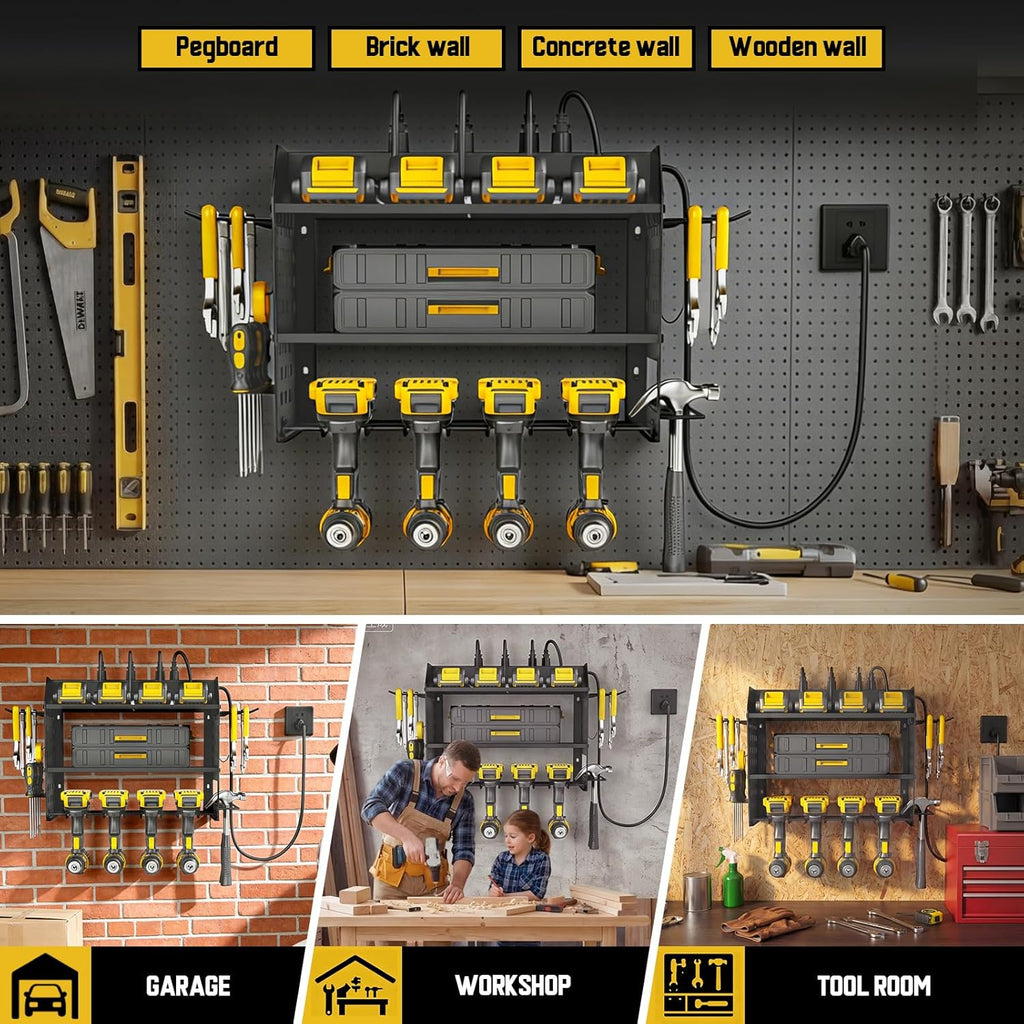 Power Tool Organizer with Charging Station 6 Outlets, 3-Layer Heavy Duty Wall Mount Drill Storage Rack, Cordless Tool