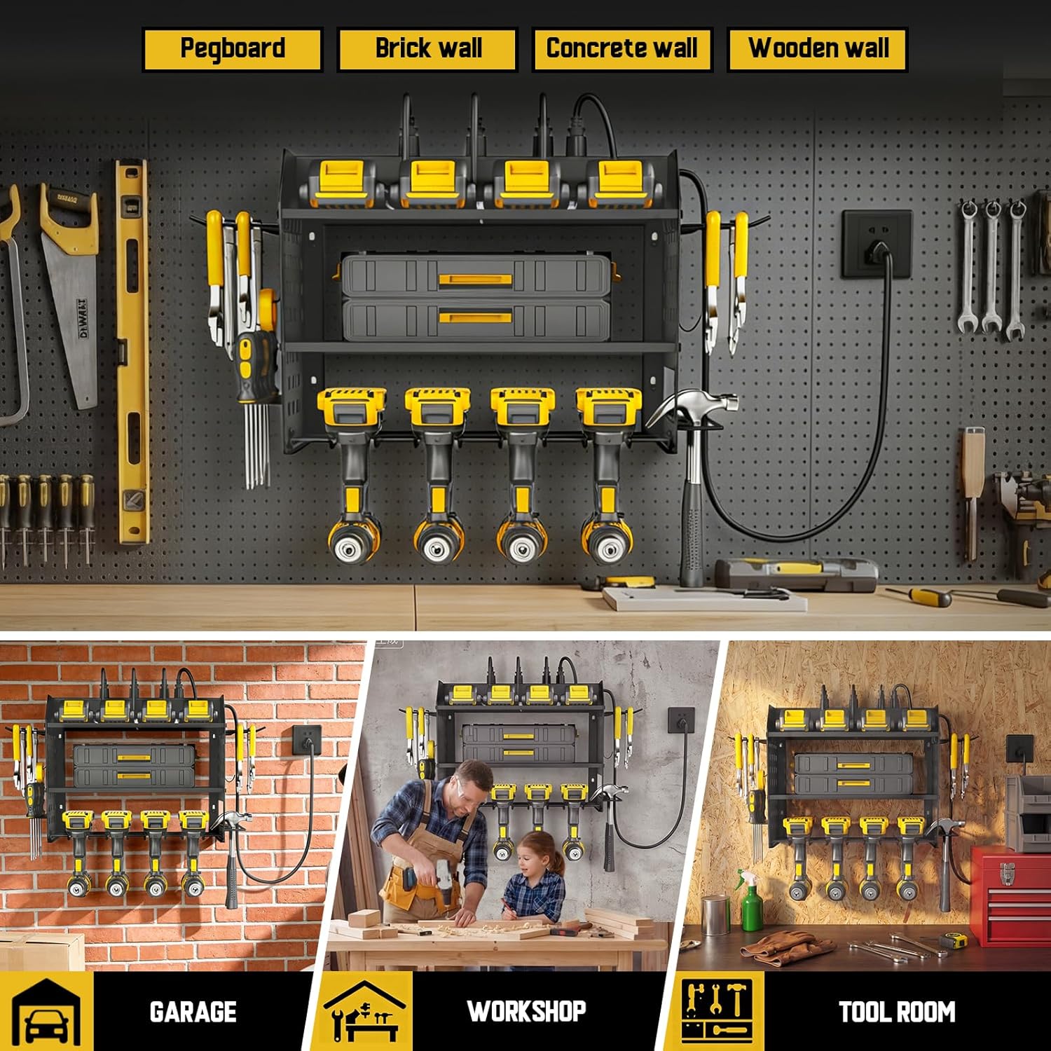 Power Tool Organizer with Charging Station 6 Outlets, 3-Layer Heavy Duty Wall Mount Drill Storage Rack, Cordless Tool