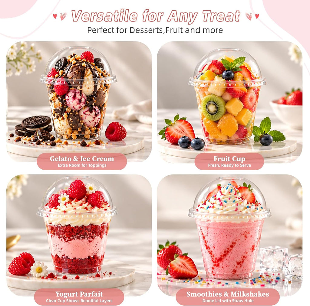 50 Pack 9 oz Clear Plastic Dessert Cups with Cross Hole Dome Lids