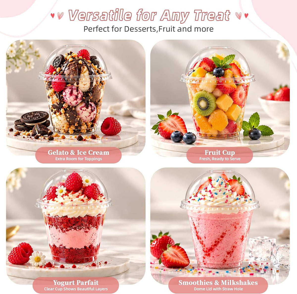 50 Pack 9 oz Clear Plastic Dessert Cups with Cross Hole Dome Lids