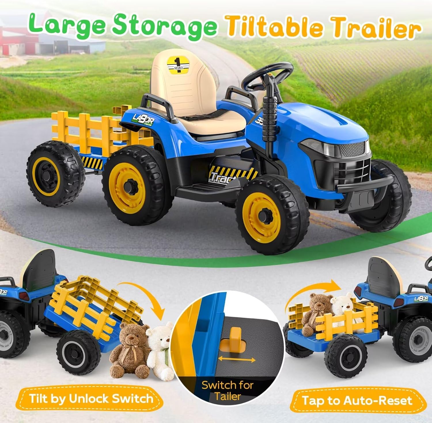 24V Ride On Tractor w/Tiltable & Detachable Trailer, EVA Tires, Up to 4.3Mph, Ride On Toys with Parental Remote