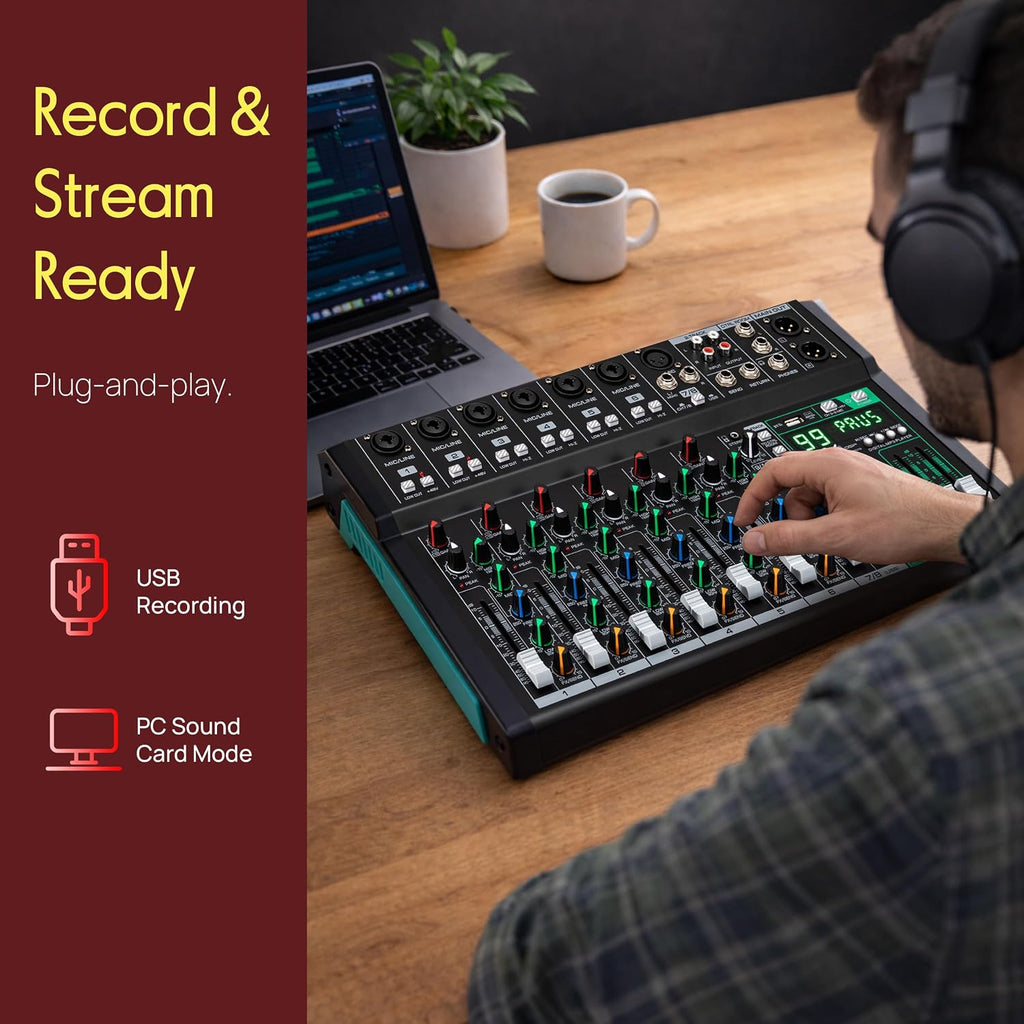 10 Channel Audio Mixer - 6 XLR Combo Mic Inputs, Bluetooth Studio Mixer/DJ Controller with DSP Digital Effects, USB-A
