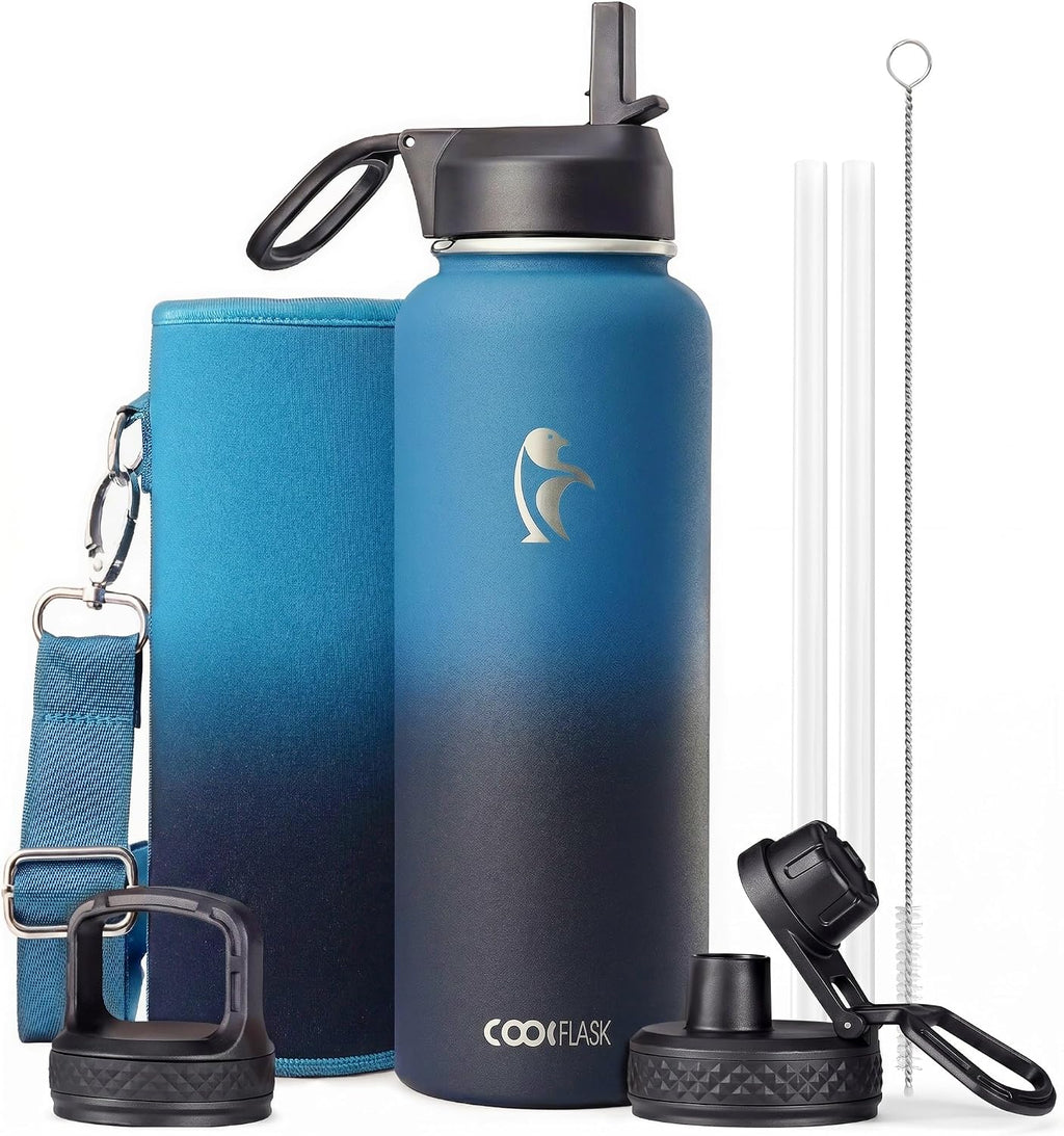 40 oz Water Bottle Insulated with Straw & 3 Leakproof Lids | Water Flask Stainless Steel Triple-Wall Vacuum,Cold