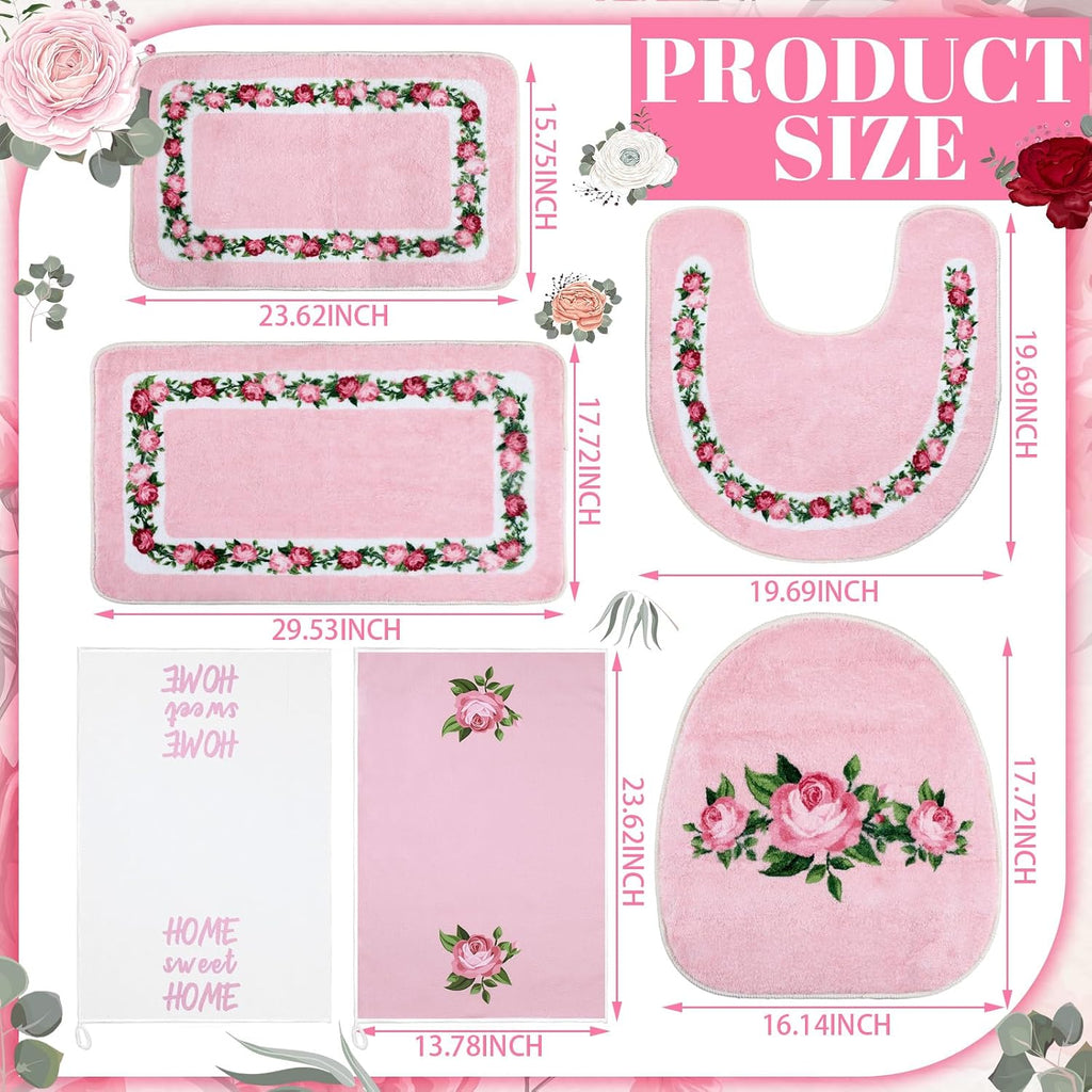 6 Pcs Pink Rose Bathroom Rugs Set with Rose Hand Towels Non Slip U-Shaped Toilet Rug Water Absorption Bath Mat for