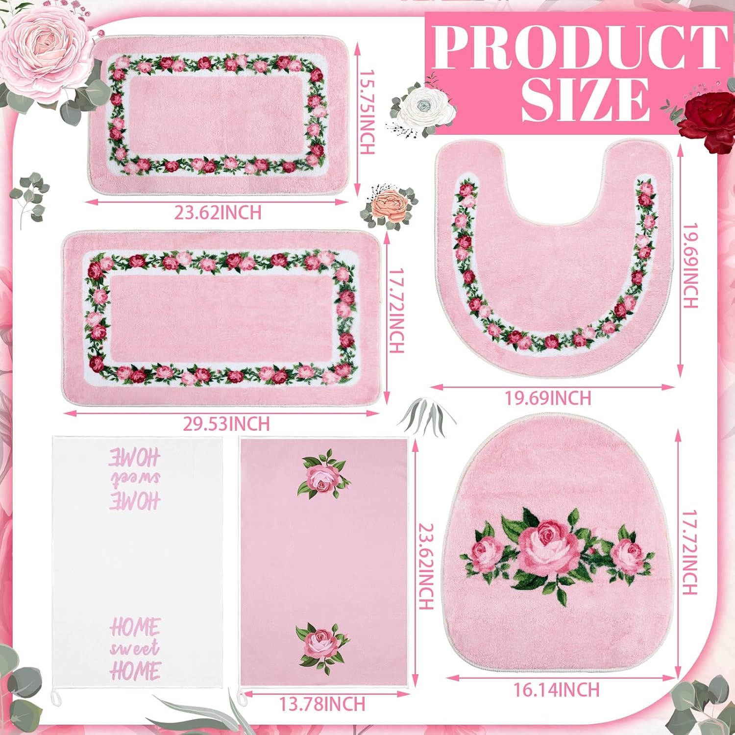 6 Pcs Pink Rose Bathroom Rugs Set with Rose Hand Towels Non Slip U-Shaped Toilet Rug Water Absorption Bath Mat for