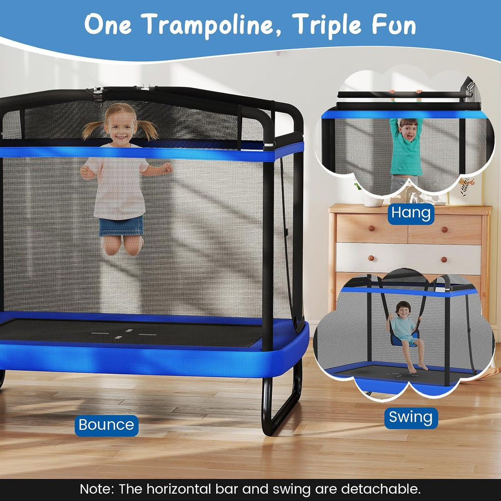 6 FT Trampoline for Kids with Swing, Toddler Trampolines with Safety Enclosure Net, ASTM Approved, Rectangle Indoor &