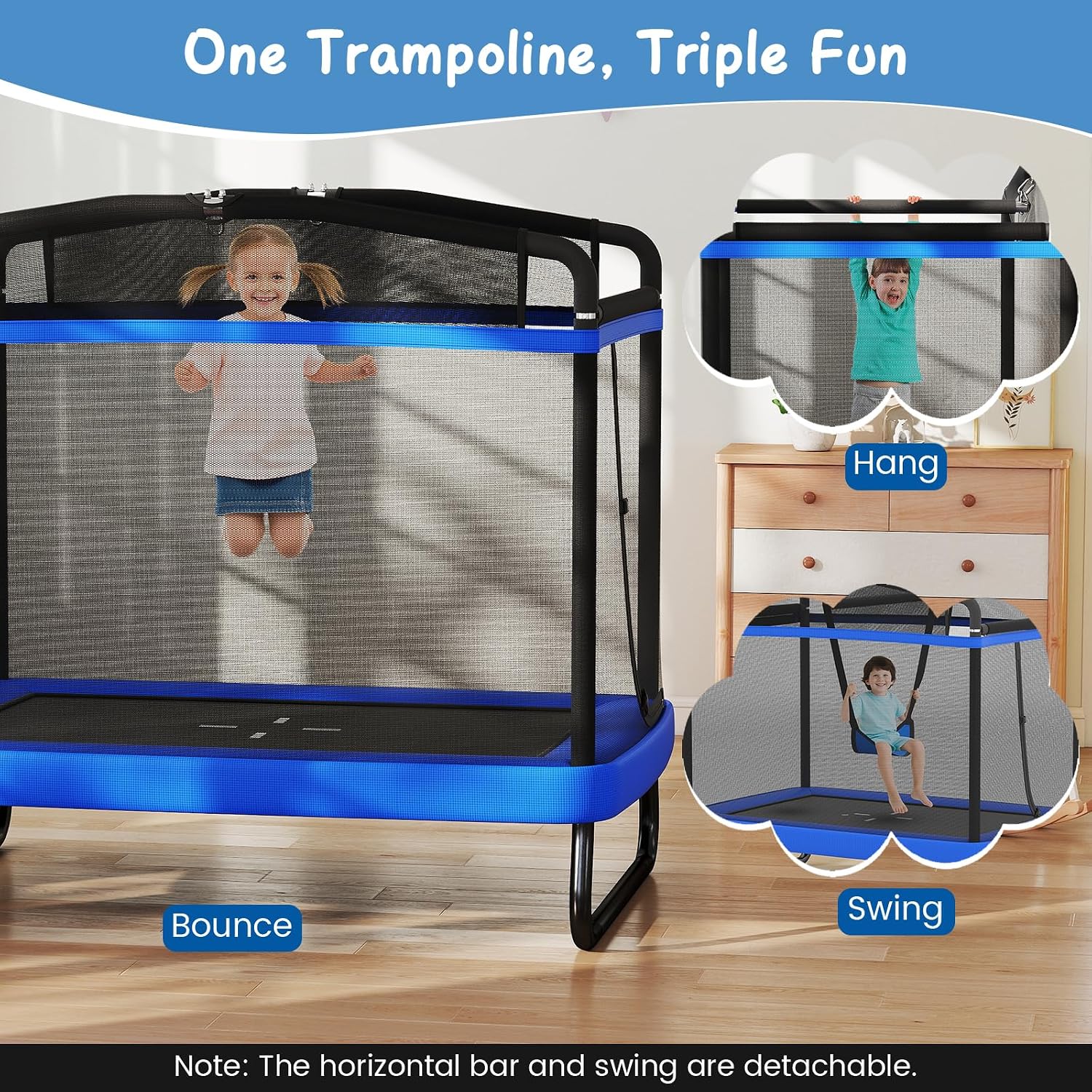 6 FT Trampoline for Kids with Swing, Toddler Trampolines with Safety Enclosure Net, ASTM Approved, Rectangle Indoor &