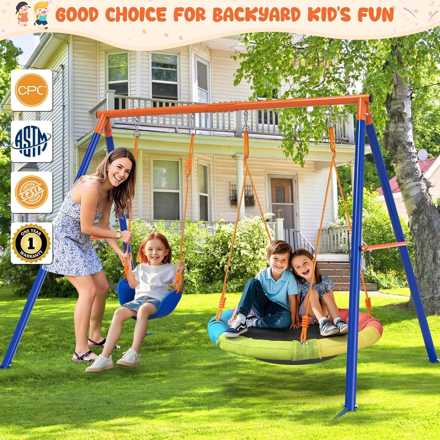 Swing Set for Backyard, 32" Saucer and Belt Seat, 440 lb Frame | 2 swing styles in one frame: 32" saucer for sharing