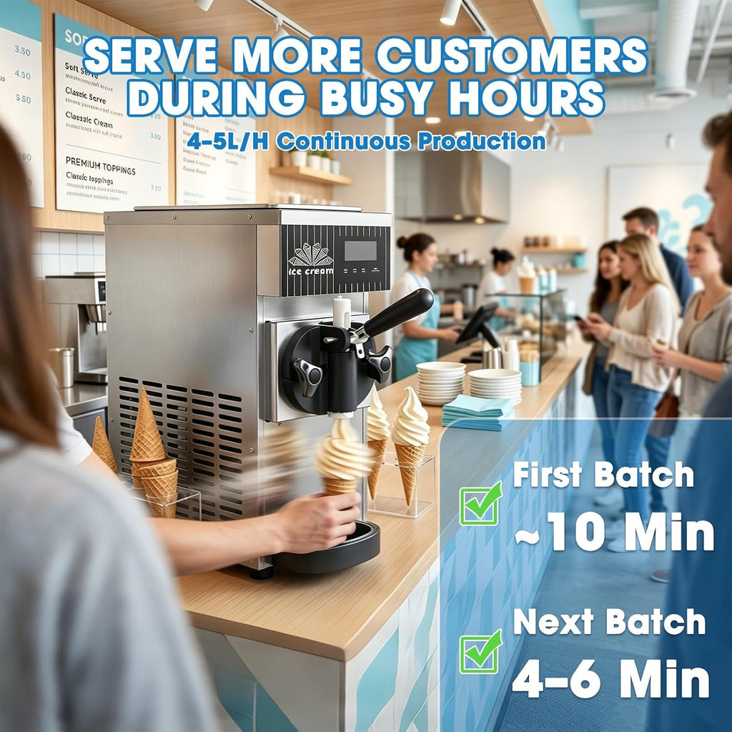 Soft Serve Ice Cream Machine, Commercial Countertop Ice Cream Maker with 4-5l/H Output, Digital Adjustment Panel