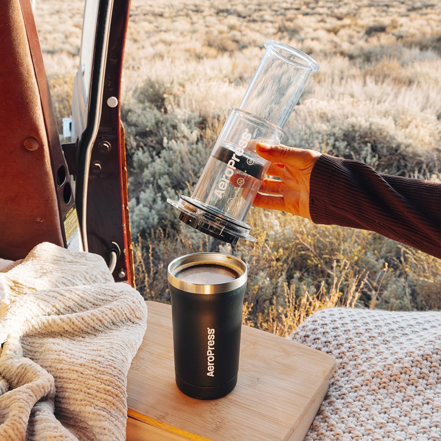 Go Plus, Small Portable Coffee Maker Kit, Travel, Camping & Office, All-in-One French Press, Pour-Over & Espresso