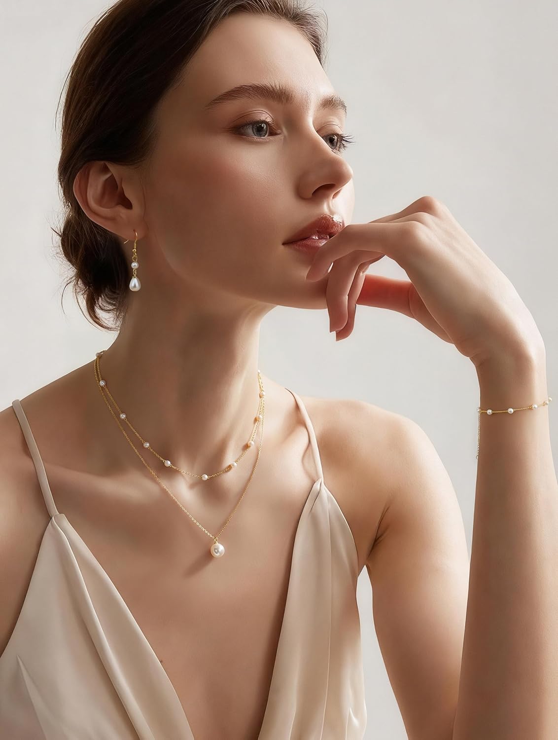 Gold Jewelry Set for Women - 16K Gold Plated Pearl Necklace and Earring Set With Drop Earrings,Charm Layered