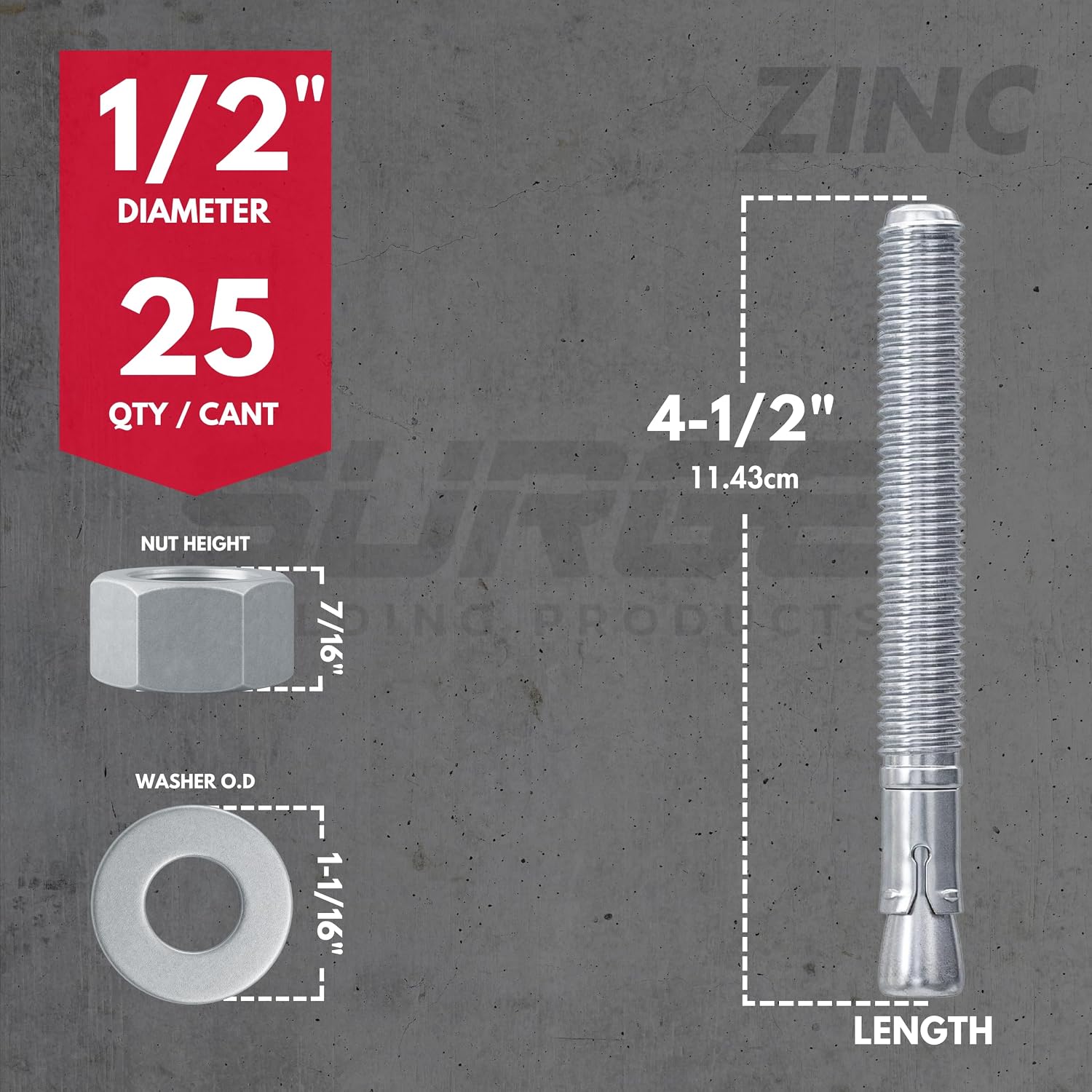 1/2" x 4-1/2" Zinc-Plated Wedge Anchors for Concrete & Cement (Box of 25) | Heavy-Duty 1/2 Concrete Anchor Bolts |