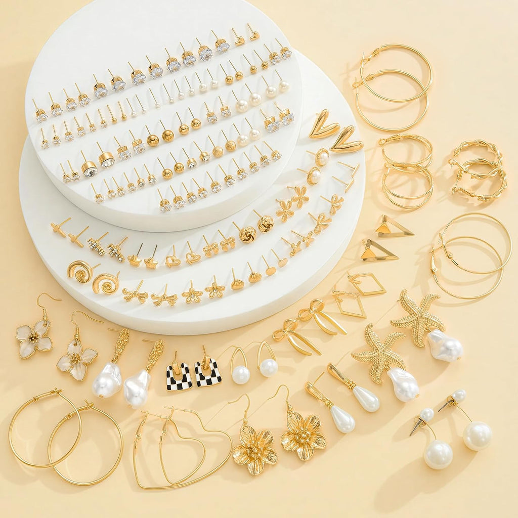 84 Pairs Gold Stud Earrings Set for Women Multipack, Fashion Pearl Cubic Zirconia Butterfly Earrings Packs Piercings