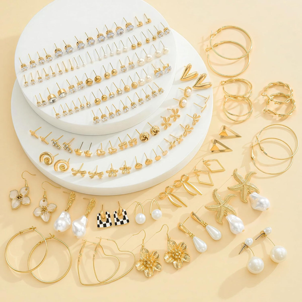 84 Pairs Gold Stud Earrings Set for Women Multipack, Fashion Pearl Cubic Zirconia Butterfly Earrings Packs Piercings