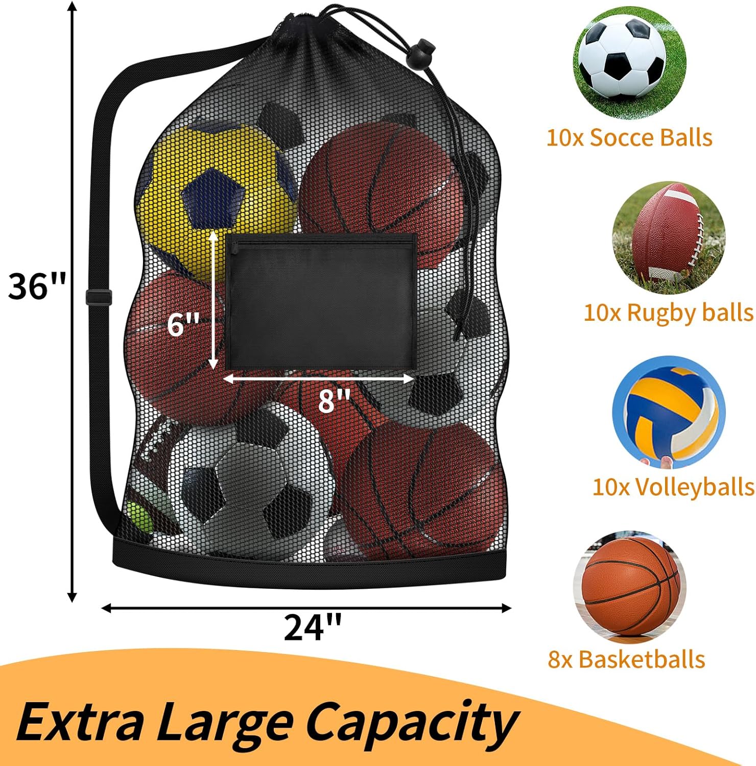 Extra Large Mesh Ball Bag, Heavy Duty 24"x36" Hold 8-10 Soccer Basketball | Drawstring Sports Equipment Net Sack