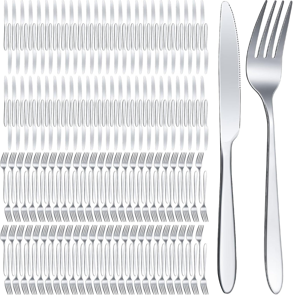200 Pcs Forks and Knives Stainless Steel Set, Silver, Simple
