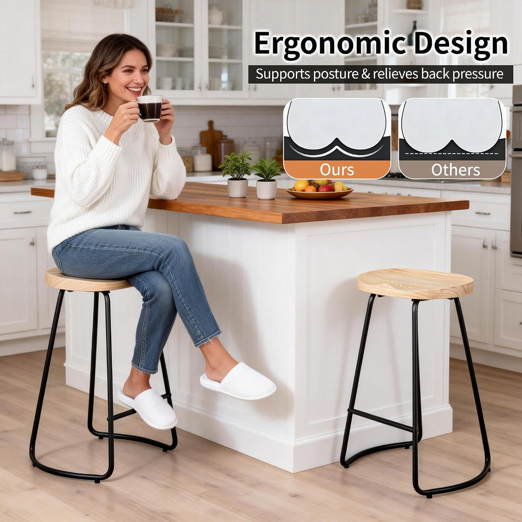 Backless Bar Stools Set of 3, 26" Wood Saddle Counter Stools