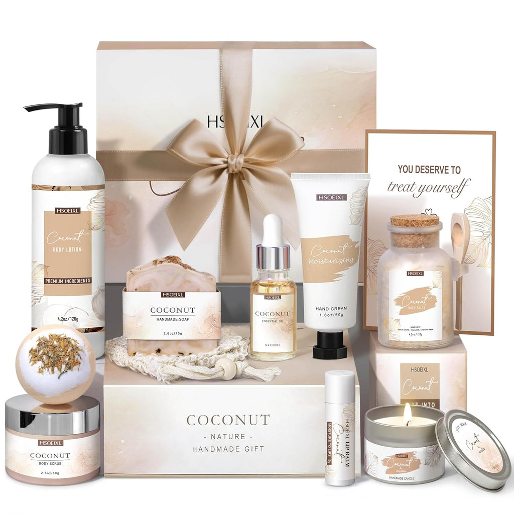 Gifts for Women Bath and Body Gift Basket Set for Women, 12 Piece Set of Coconut Home Spa Set for Self Care, Mothers