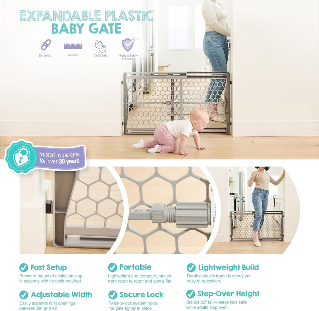 Safety 28"-42" Extra Wide Expandable Baby Gate for Doorways & Bottom of Stairs, Pressure Mounted Safety Gate for