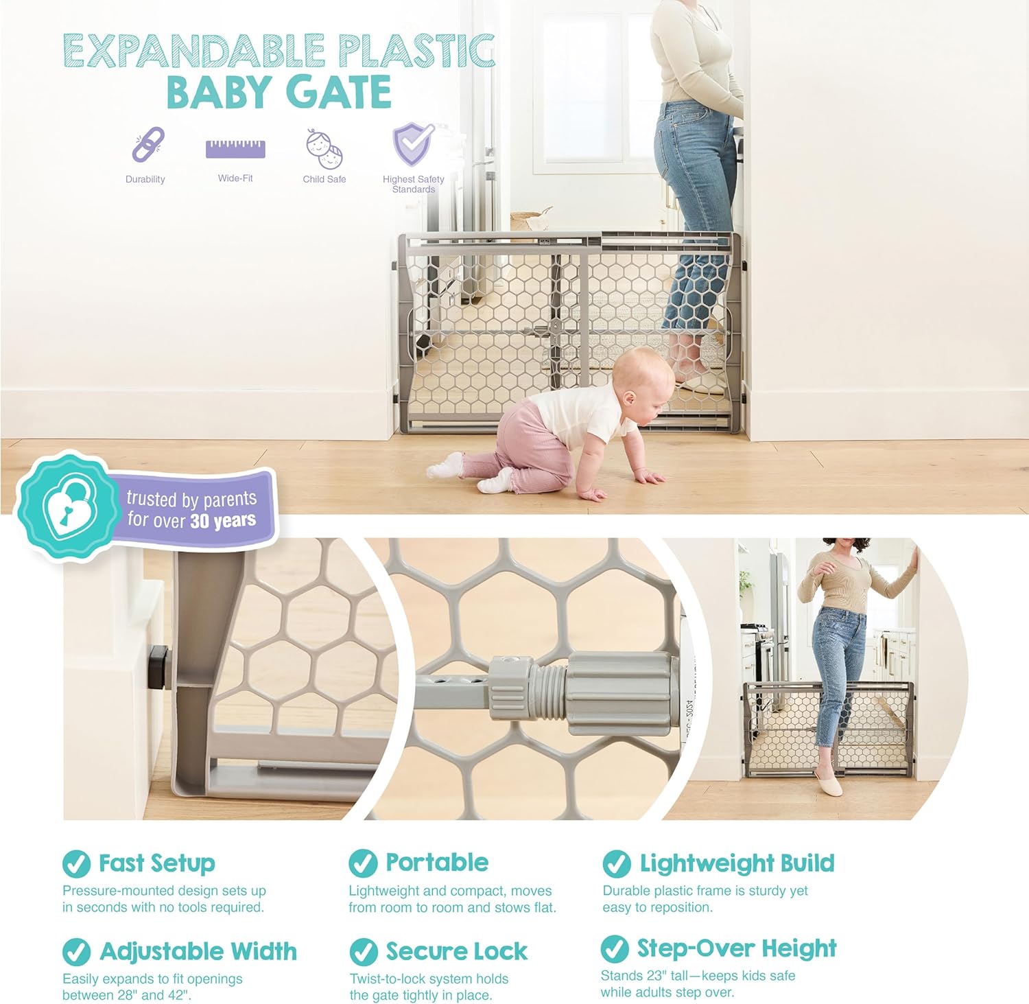 Safety 28"-42" Extra Wide Expandable Baby Gate for Doorways & Bottom of Stairs, Pressure Mounted Safety Gate for