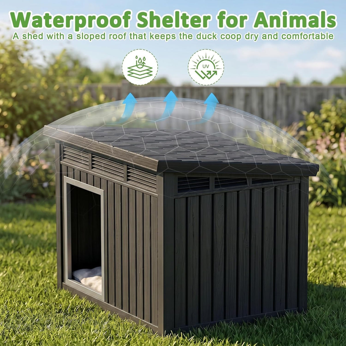 Outdoor Duck House, PP Resin Material with Spacious Interior Poultry Shelter, Gas Strut Opening Top & Shutter Vents