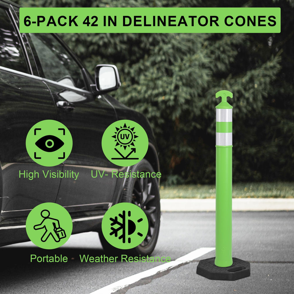 6 Pack 42" Traffic Delineator Post Cones with Rubber Base