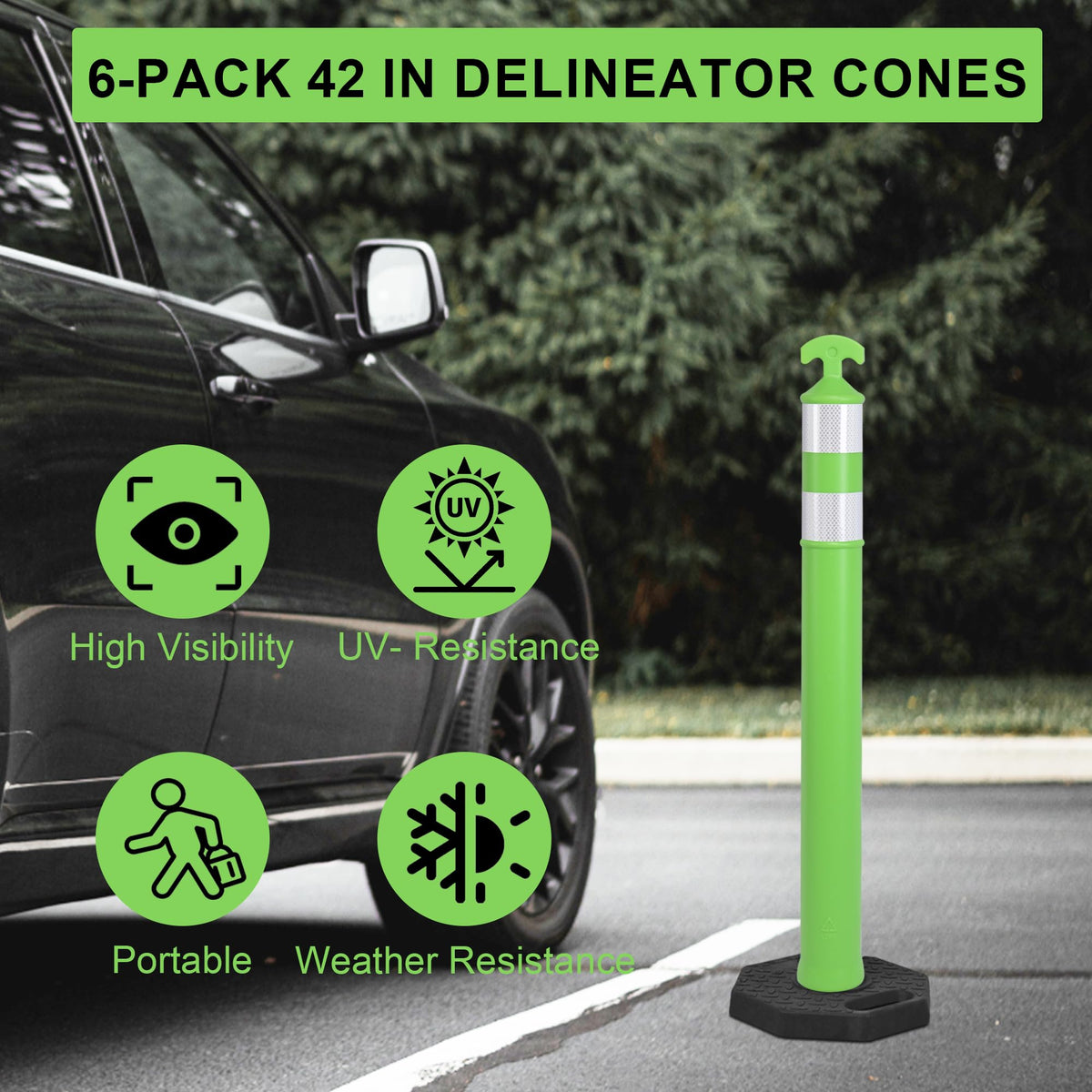 6 Pack 42" Traffic Delineator Post Cones with Rubber Base
