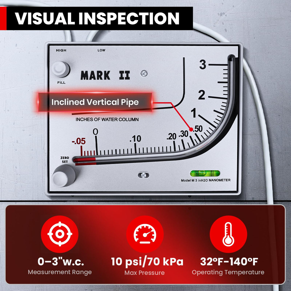 Mark II 25 Liquid Filled Manometer, 0-3" w.c., Accuracy 3% Full-Scale