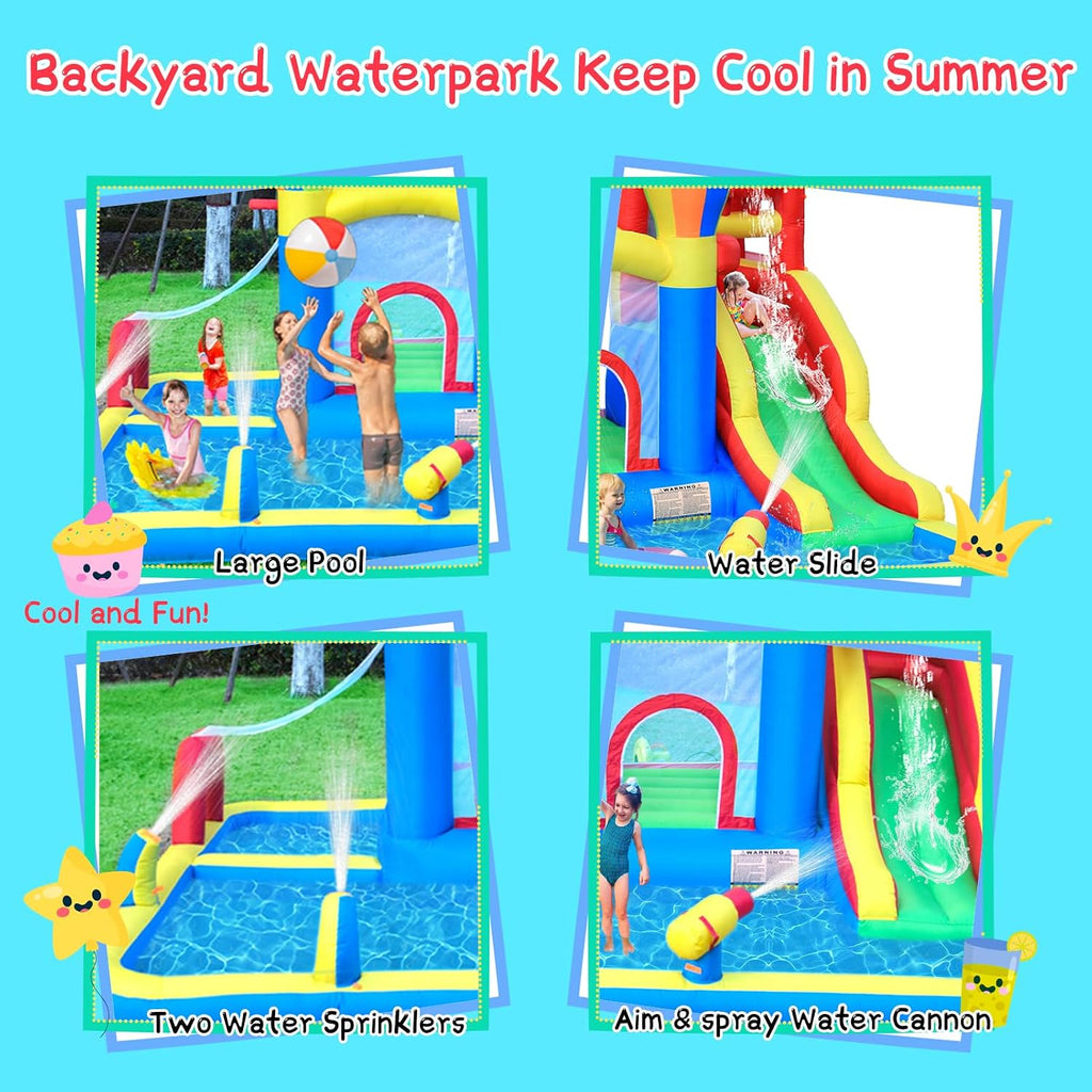 Inflatable Bounce House with Water Slide – Backyard Inflatable Water Park with 4 Sprinklers, 2 Splash Pools, Fits 5