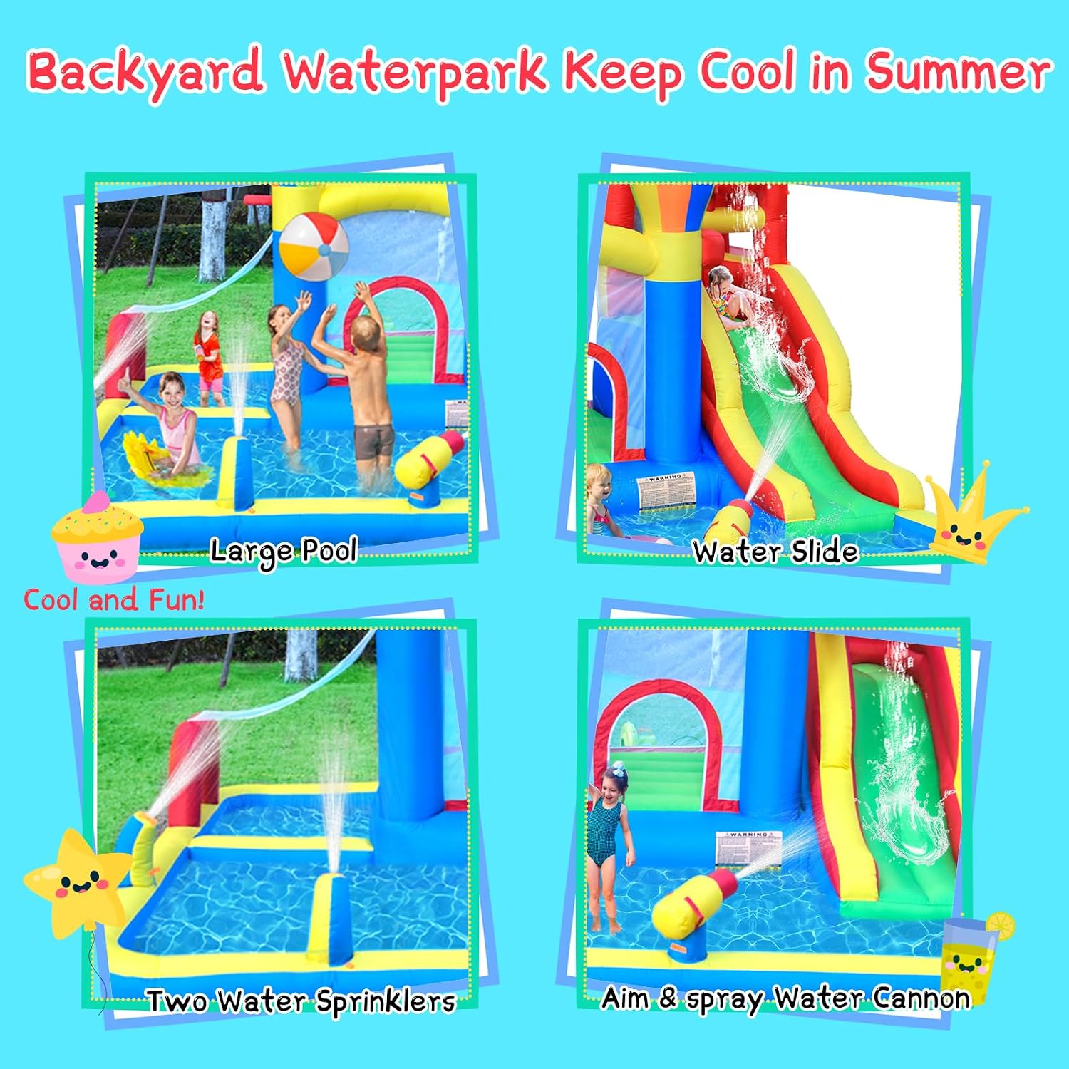 Inflatable Bounce House with Water Slide – Backyard Inflatable Water Park with 4 Sprinklers, 2 Splash Pools, Fits 5