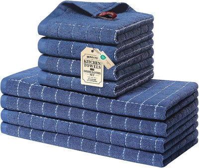 Kitchen Towels and Dishcloths Set, Set of 8, Navy Blue | Bulk Cotton Terry Kitchen Towels, Checkered Designed, Soft
