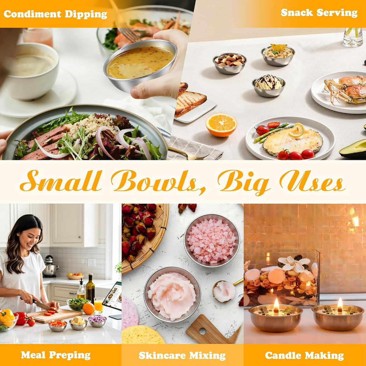 Stainless Steel Small Dipping Bowls, 3.5oz, 8-Pack, Silver