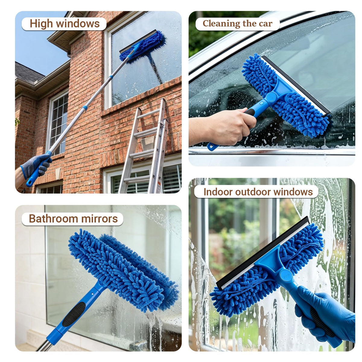 67" Window Squeegee for Window Cleaning with Extension Pole, 3-in-1