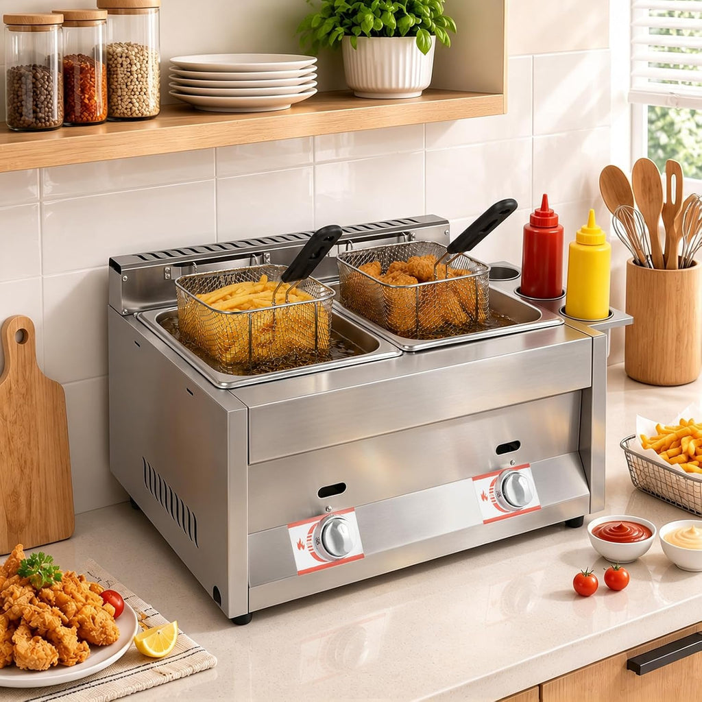 Dual 6.34Qt Tanks Countertop Gas Deep Fryer with 2 Baskets