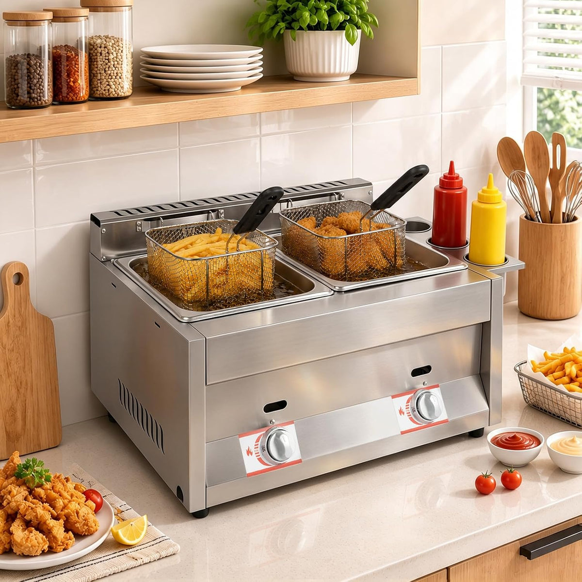 Dual 6.34Qt Tanks Countertop Gas Deep Fryer with 2 Baskets